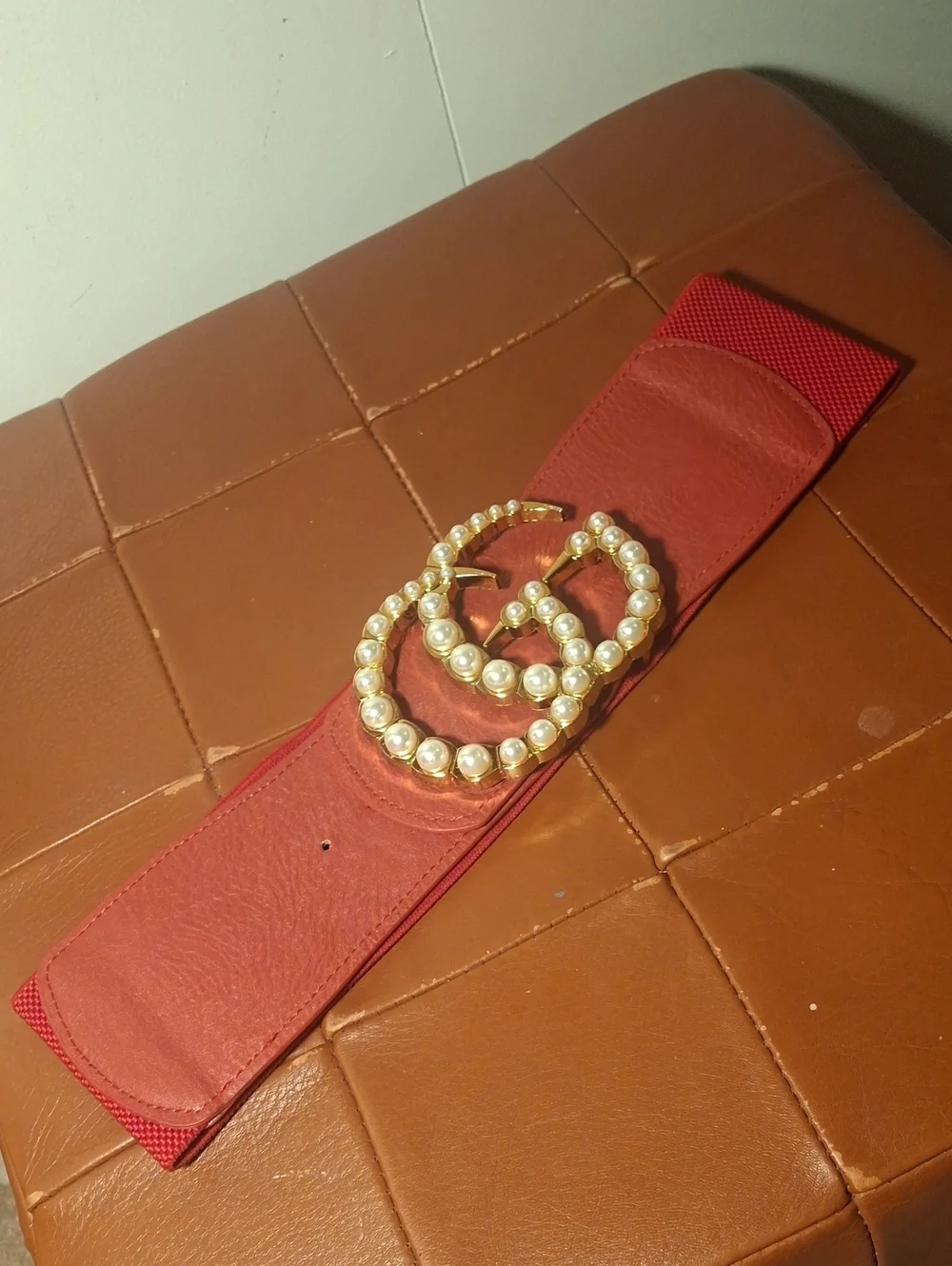 GG Pearl-Embellished Red Stretch Waist Belt